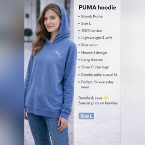 Puma Women's Blue Hoodie with Silver Logo